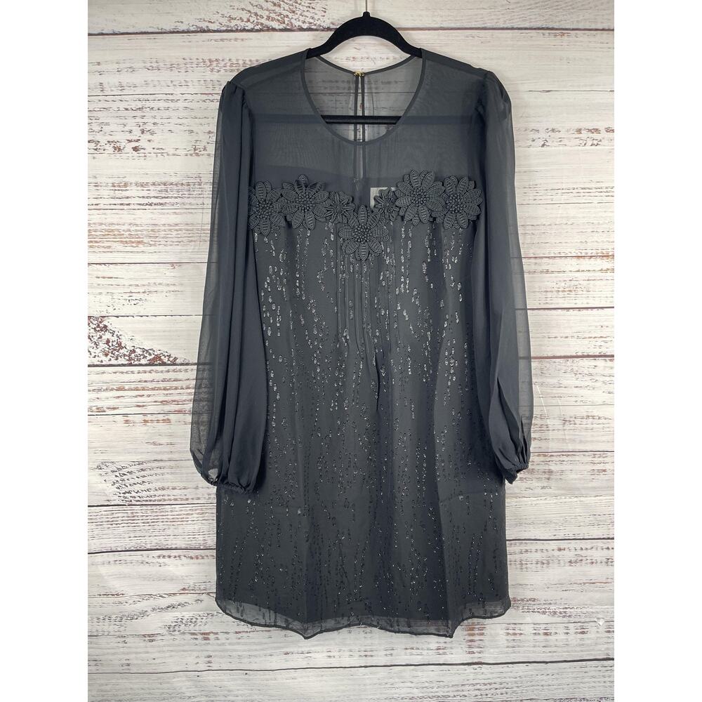 Lilly Pulitzer Dress Women's 12 Black Silk Sheer Sleeve Metallic Beaded Shift - Picture 2 of 8